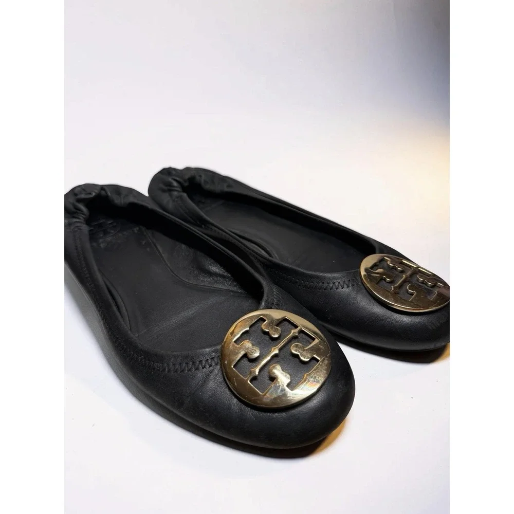 Tory Burch Reva Ballet Flats Gold Medallion Black Leather Comfy Stretch Size 10